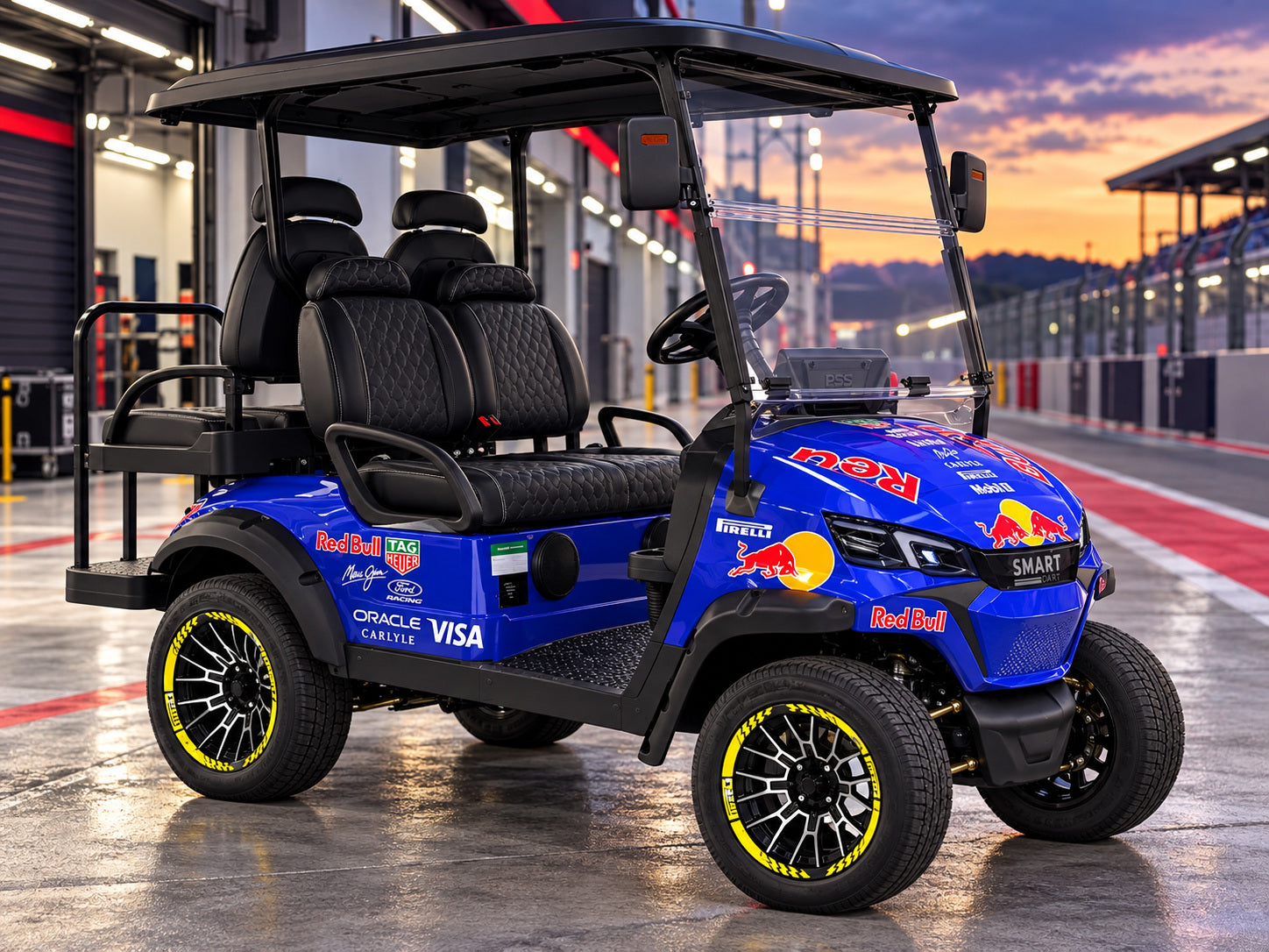 Blue Smart Cart with a racing sticker kit in a dusk paddock scene
