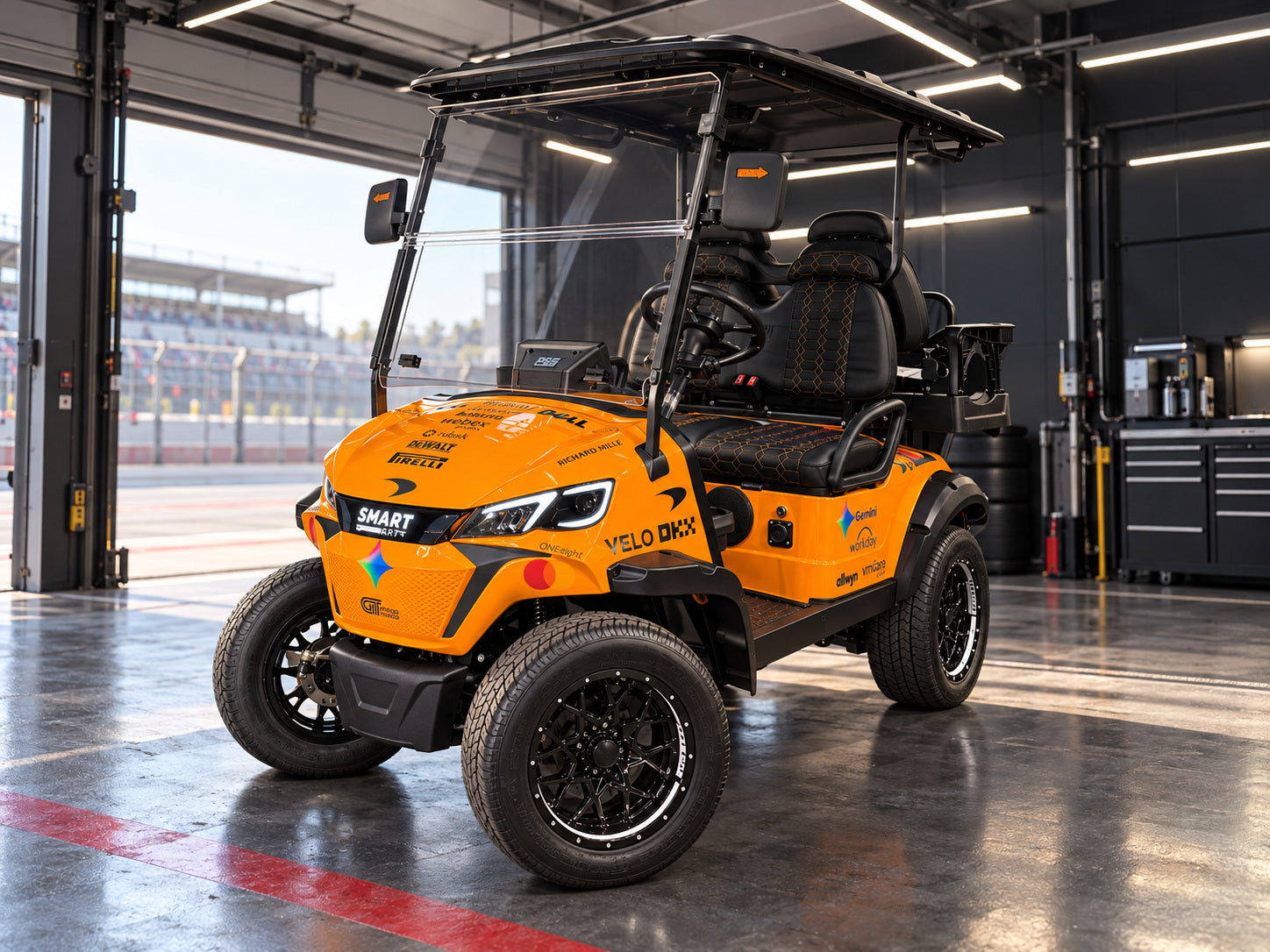 Papaya orange Smart Cart with a racing sticker kit in a pit garage