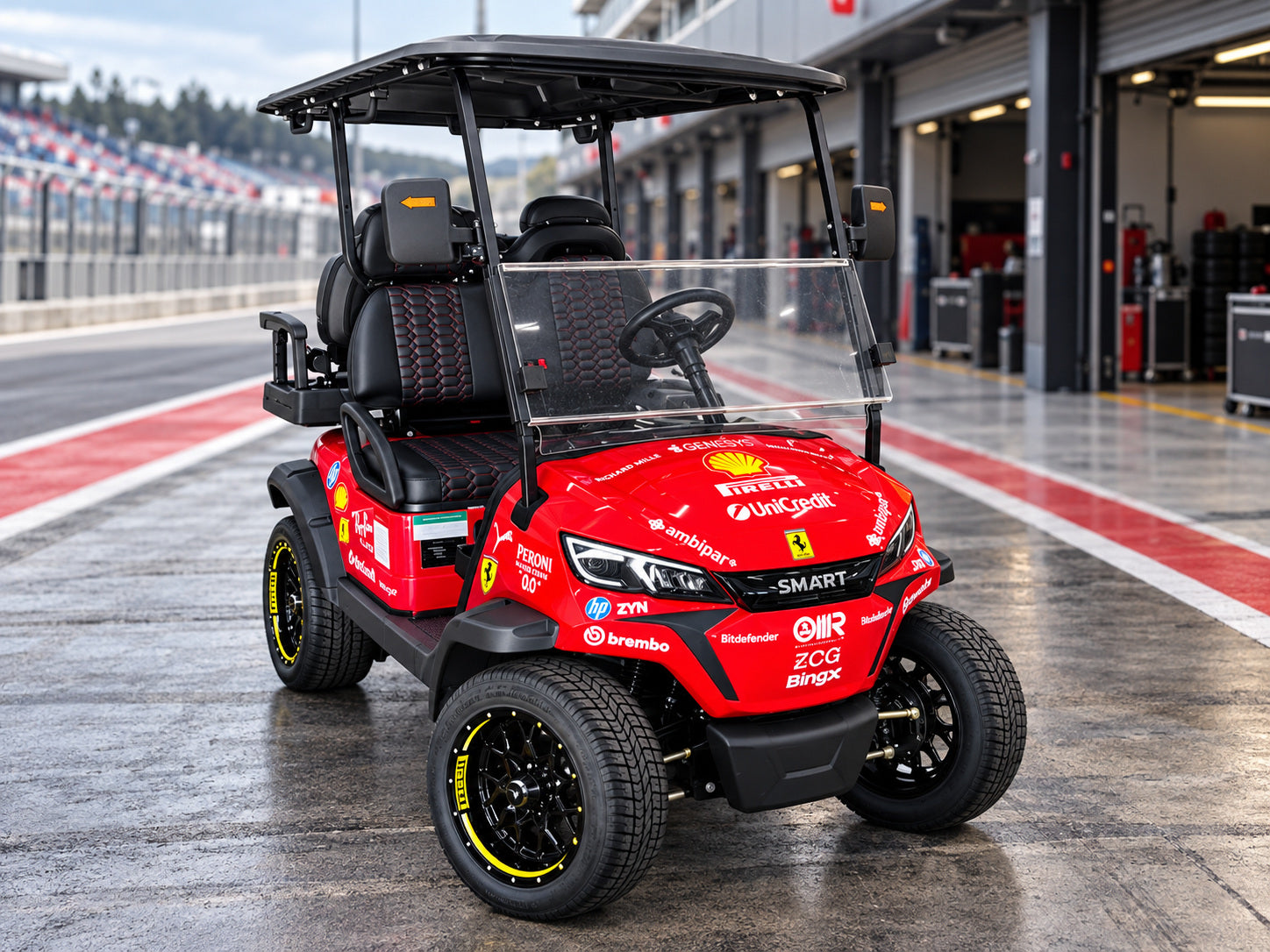 Red Smart Cart with a racing sticker kit beside a pit lane