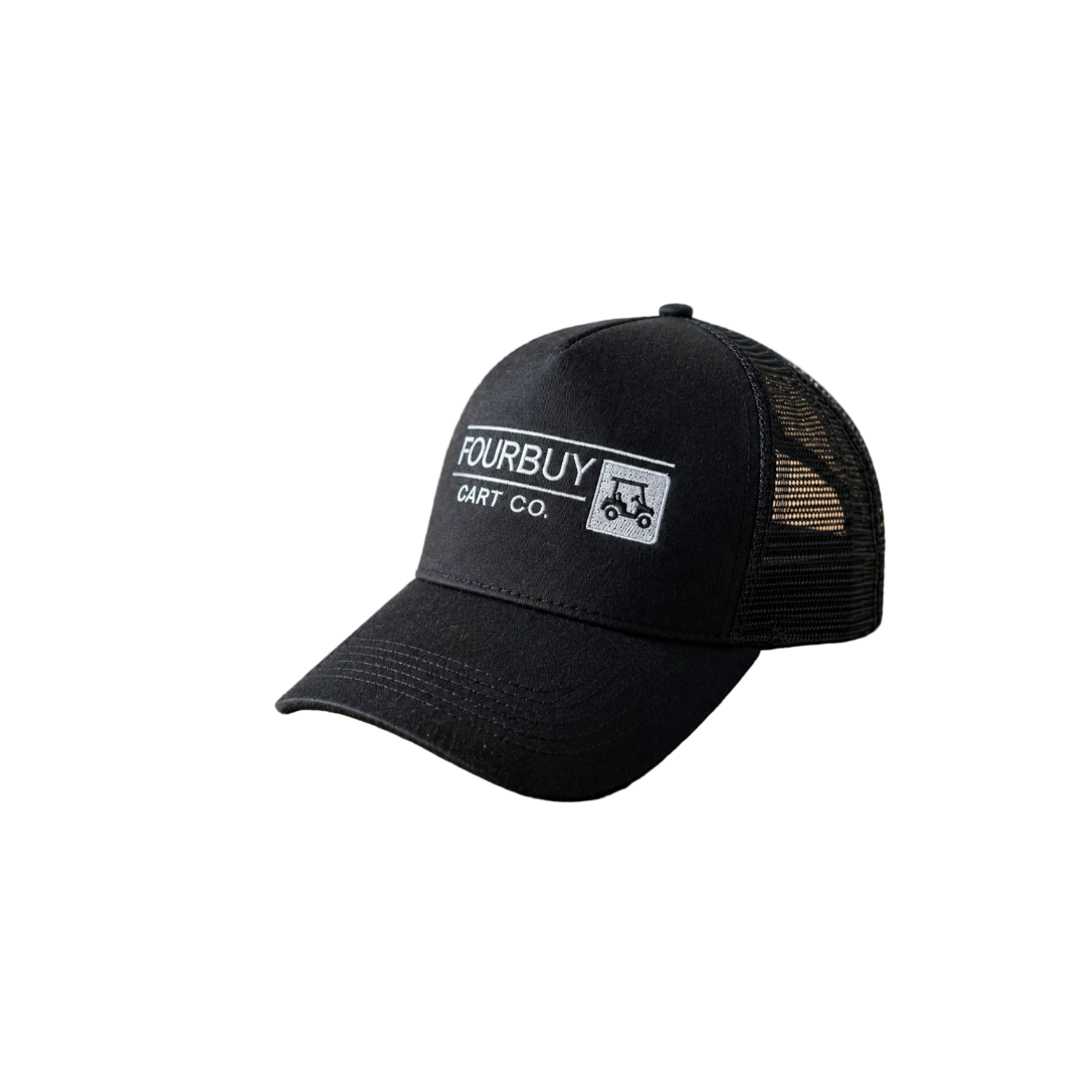 Black cap with 'FOURBUY CART CO.' logo on a wooden surface