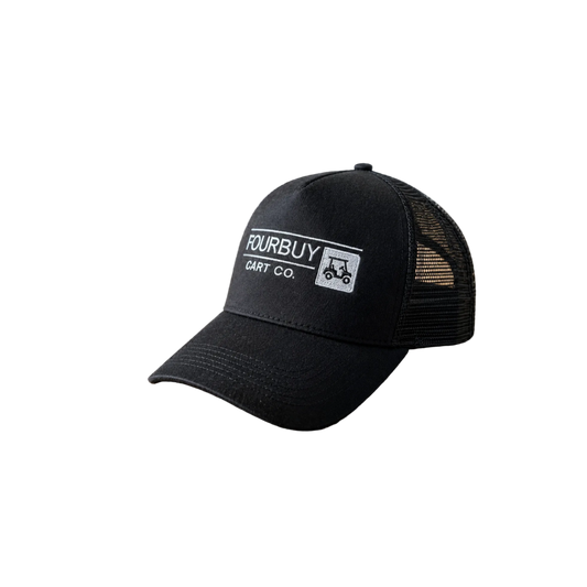 Black cap with 'FOURBUY CART CO.' logo on a wooden surface