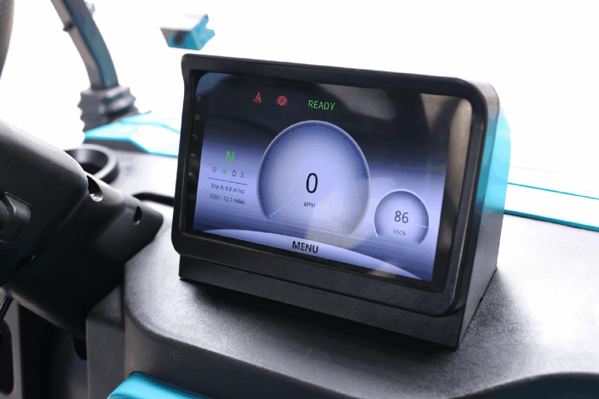 Apium A2 digital instrument display showing speed and battery level