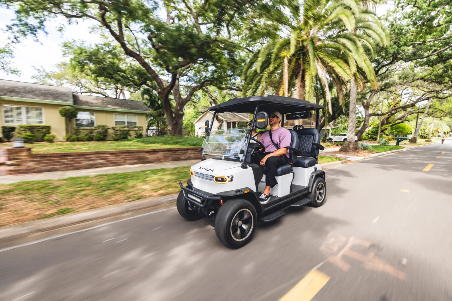 Apium A4 electric golf cart travelling along a palm-lined avenue