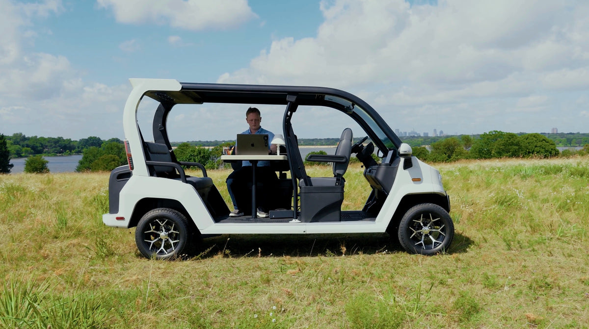 White Denago City parked on grass beside a lake with a person using a laptop at its table