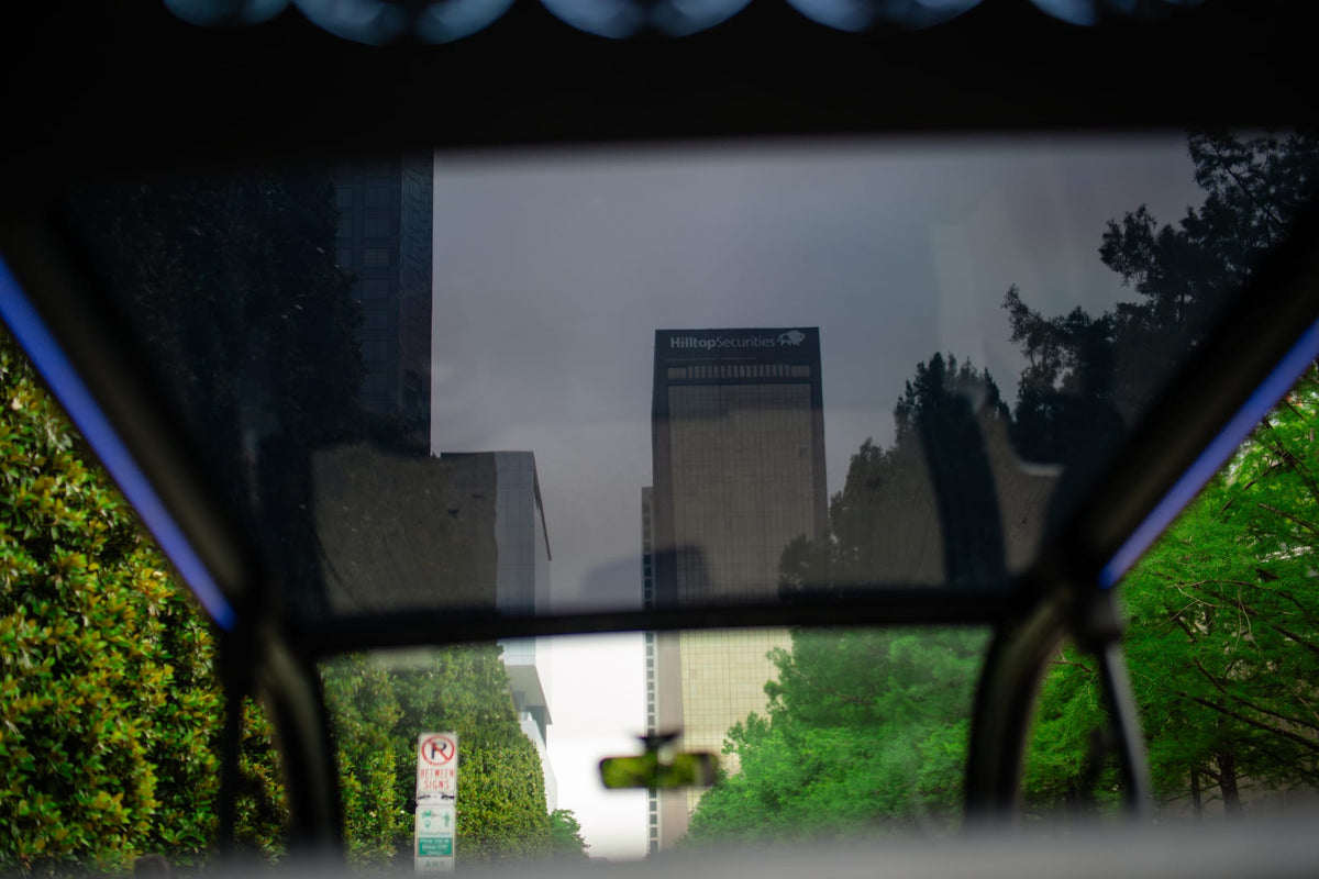 View through the Denago City panoramic glass roof towards trees and city buildings