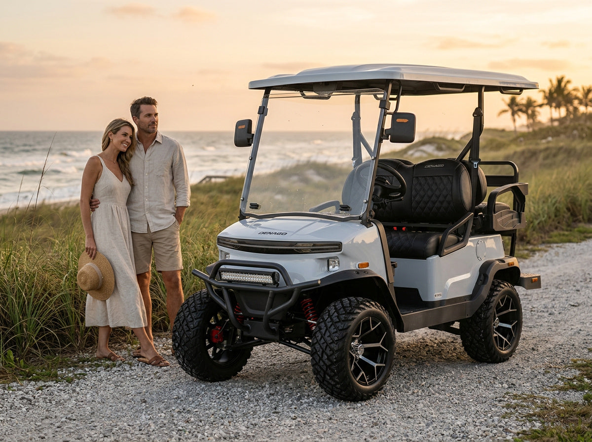 White Denago Nomad XL beside a couple overlooking the coast at sunset