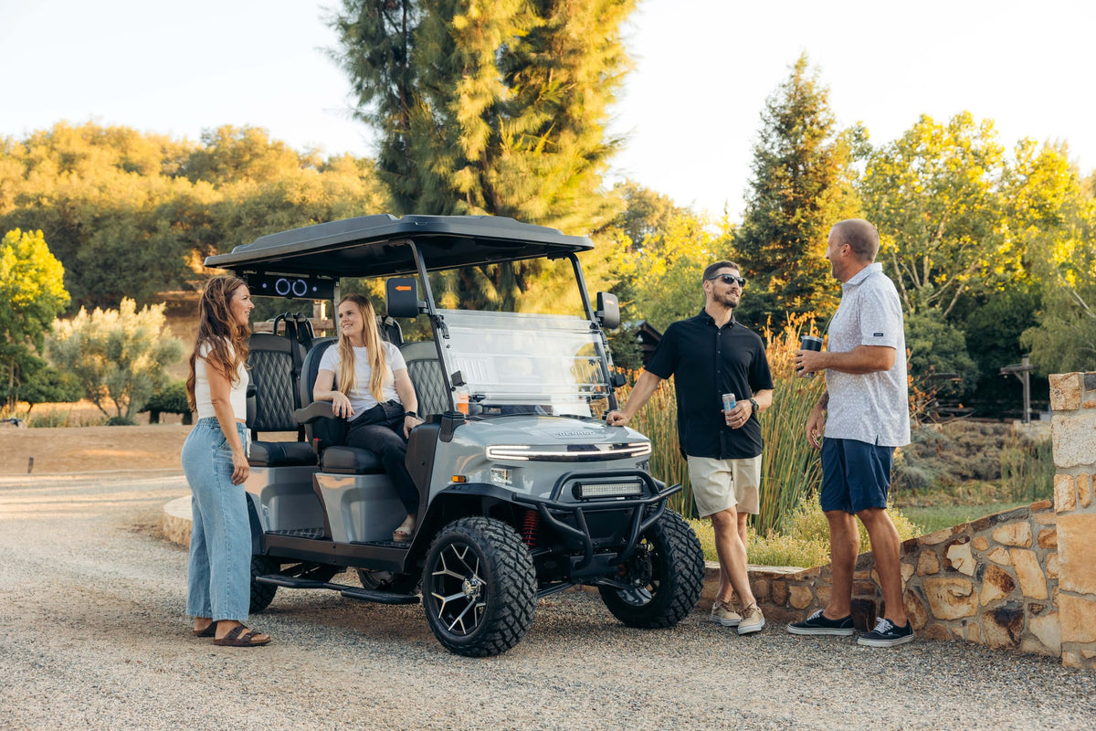 Friends gathered beside a silver Denago Rover XL in a sunny outdoor setting