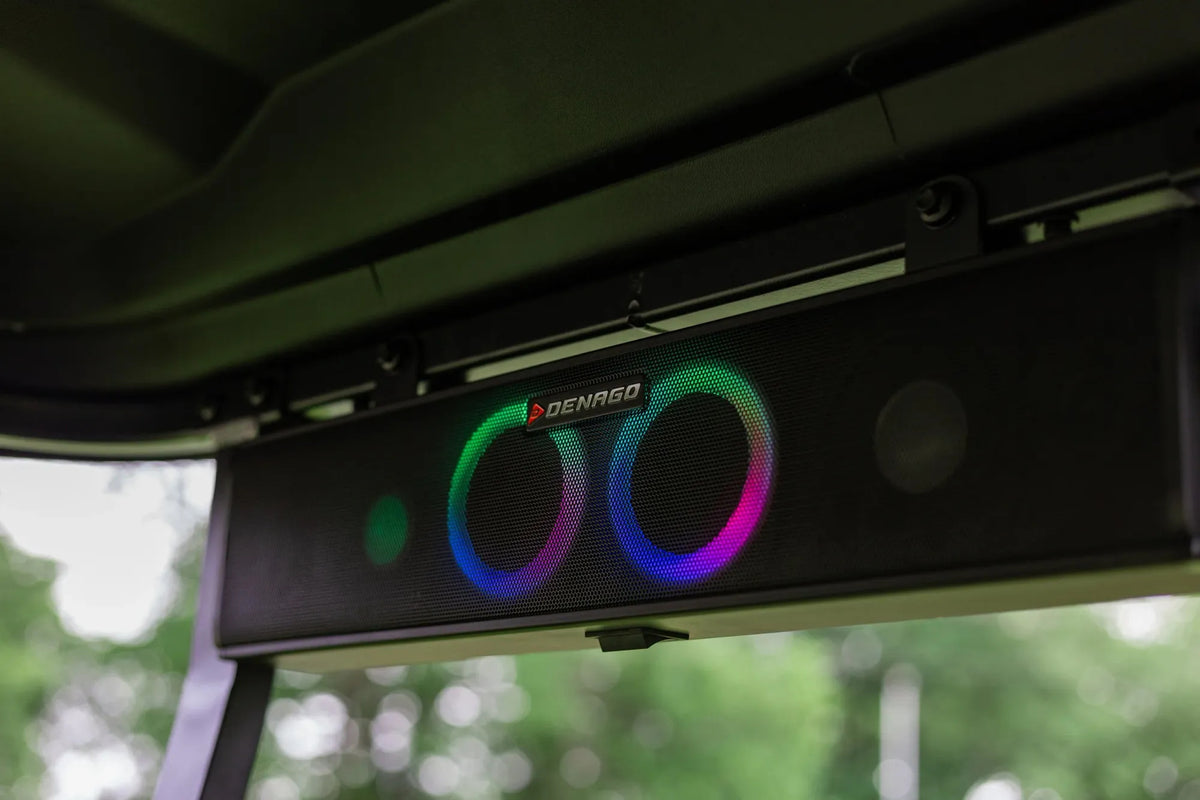 Roof-mounted Denago Rover XL soundbar with illuminated speaker rings