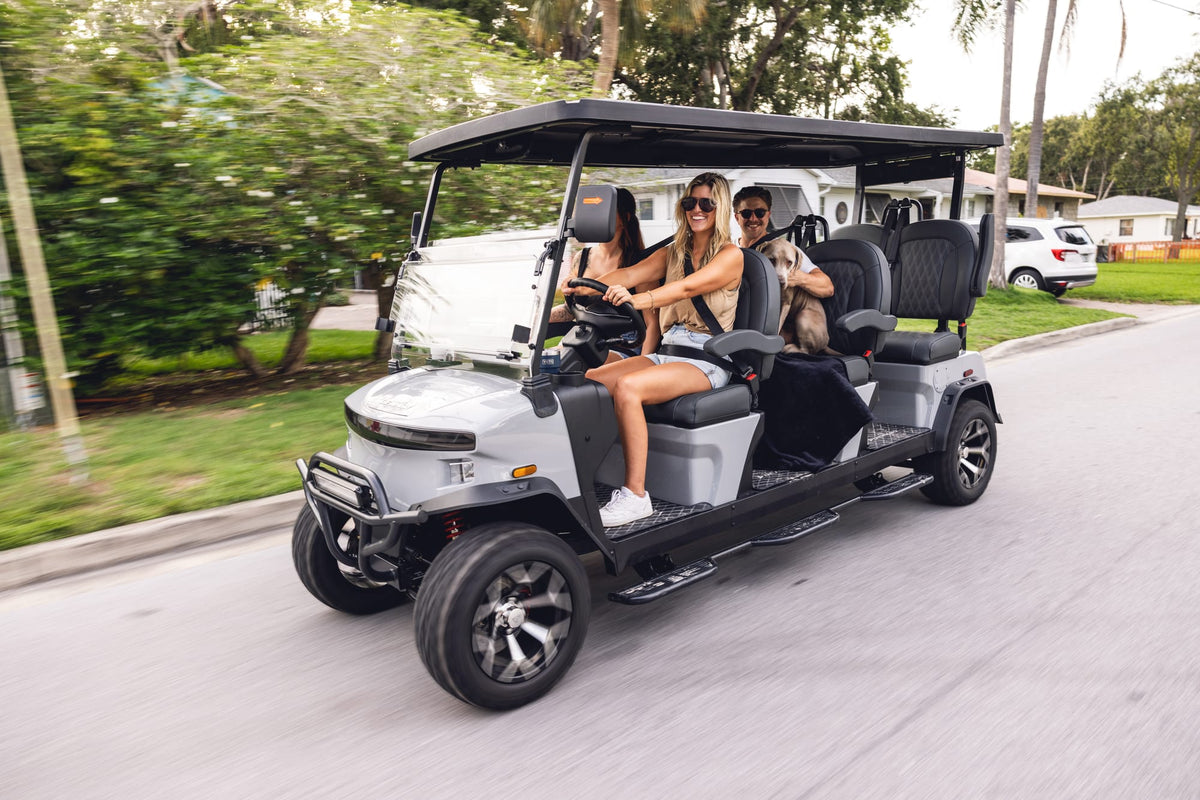Silver Denago Rover XXL with passengers enjoying a sunny neighbourhood drive