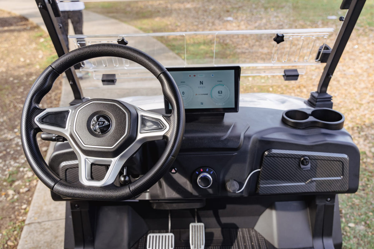 Denago Rover XXL steering wheel, touchscreen and dashboard viewed from the driver seat