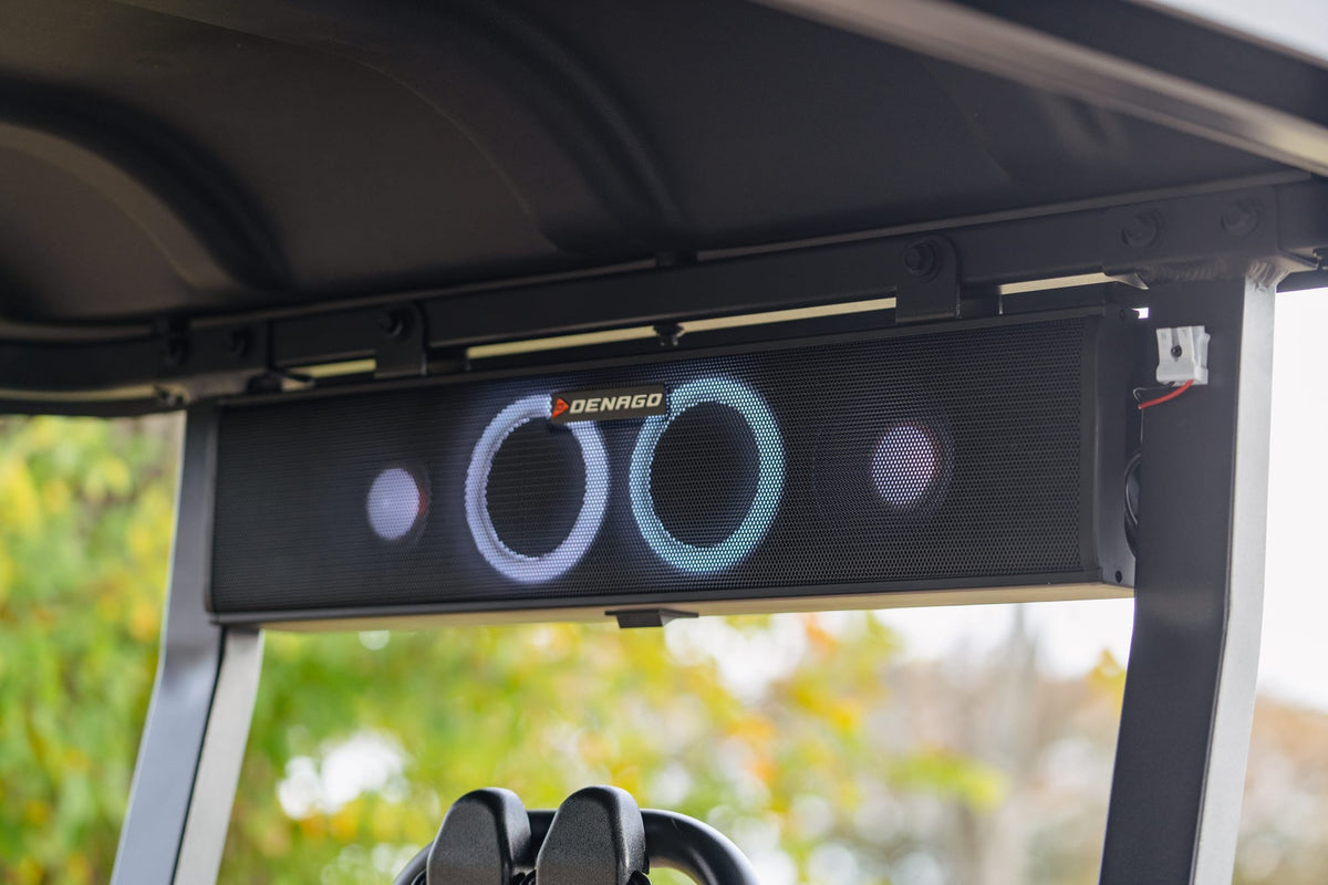 Roof-mounted Denago soundbar inside a Rover XXL