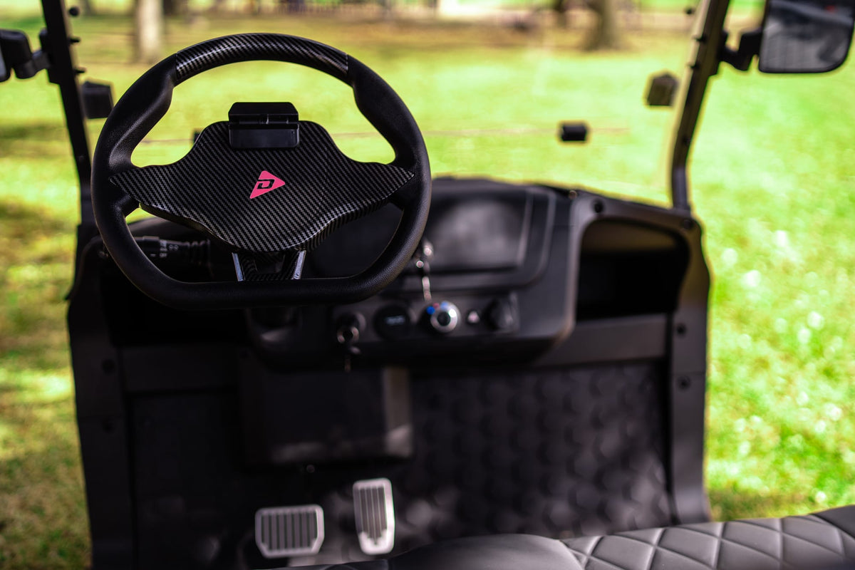 Denago Scout 2 steering wheel and dashboard overlooking the fairway
