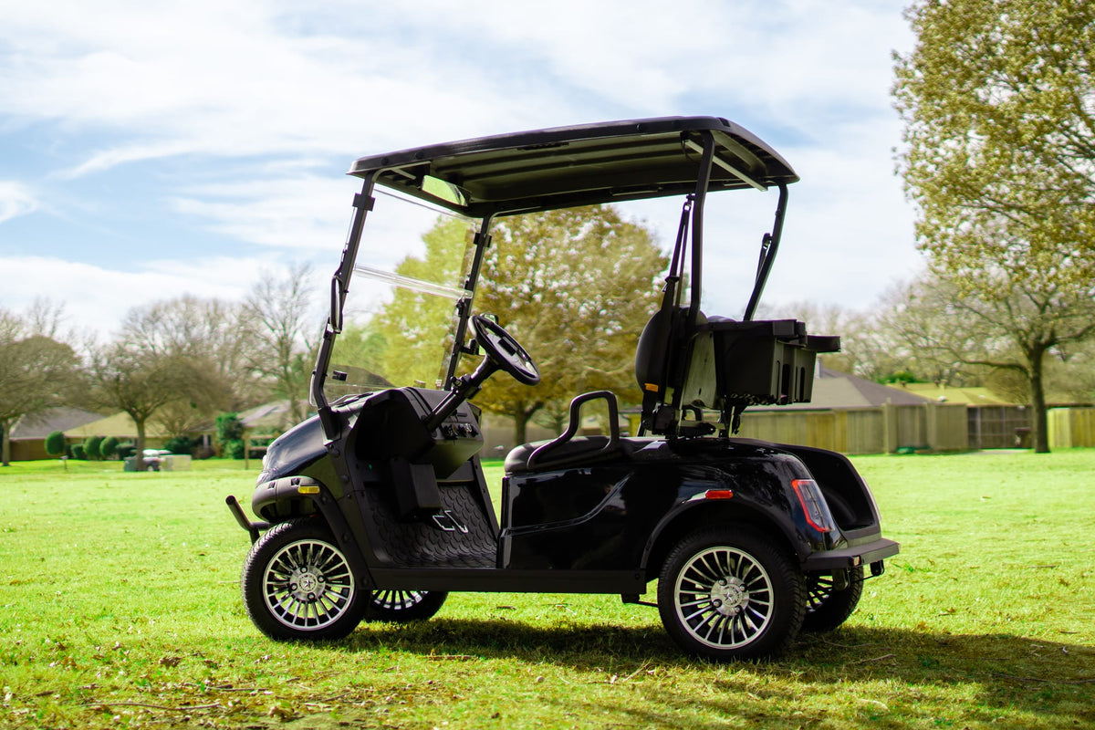 Side profile of a black two-seat Denago Scout 2 parked on grass
