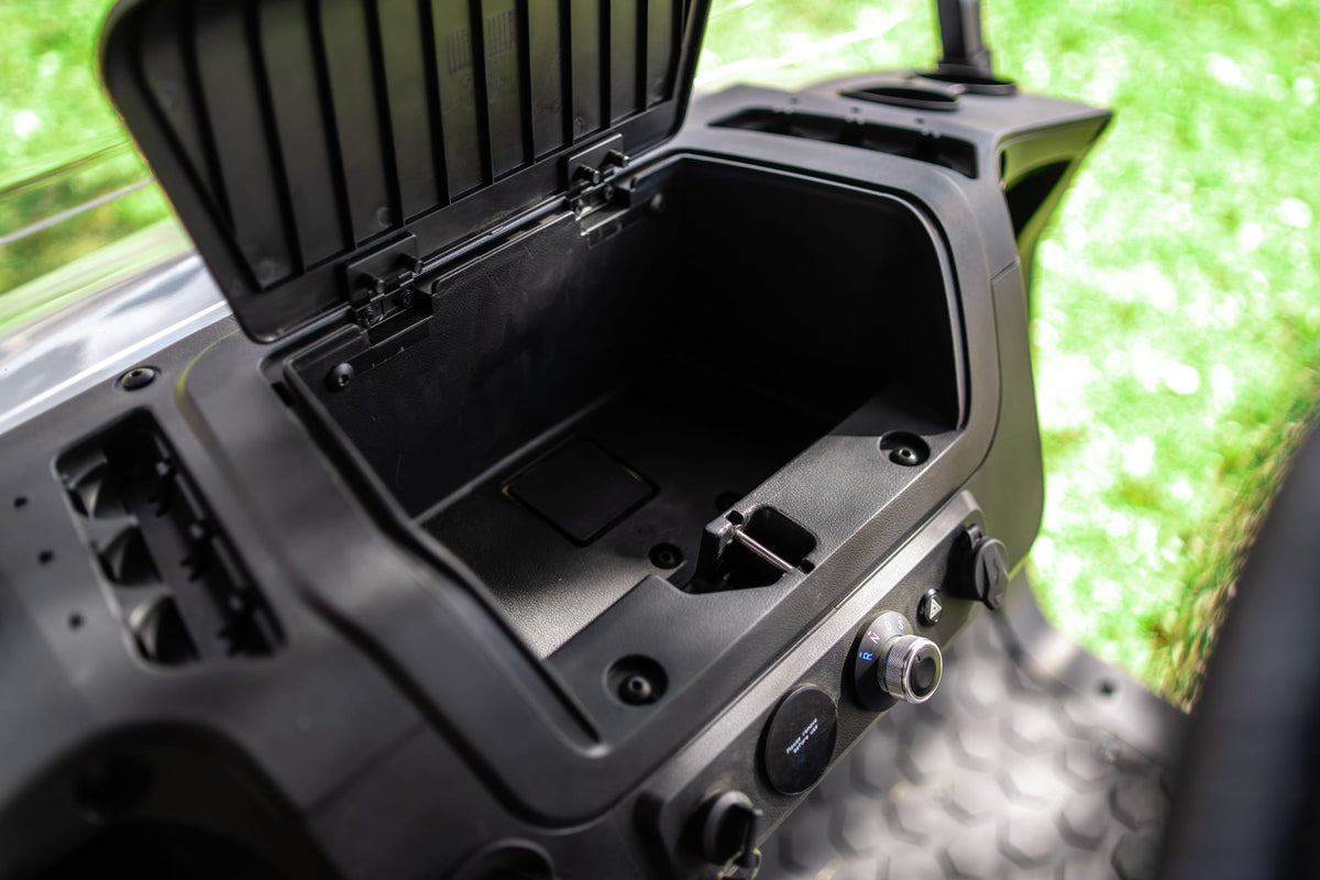 Open front storage compartment in the Denago Scout 2 dashboard