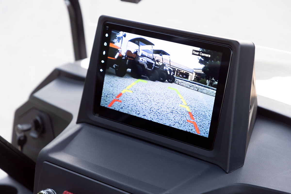 Smart Cart dashboard screen displaying the rear camera with parking guidelines