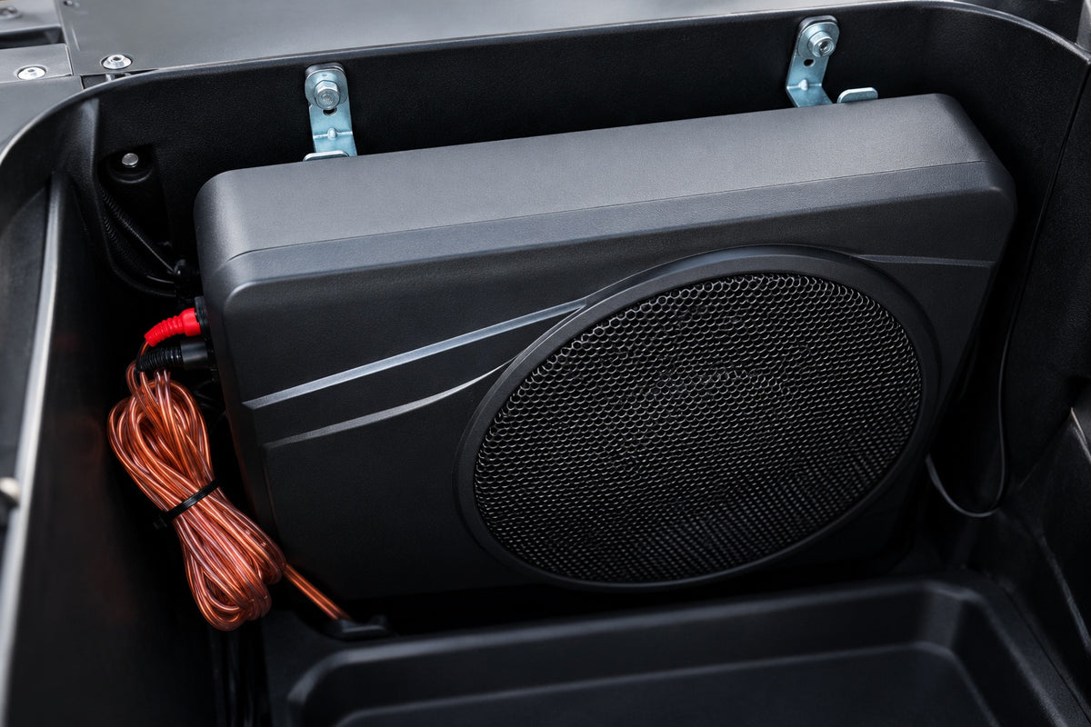 Smart Cart high-performance sound system with an active subwoofer installed in the under-seat compartment